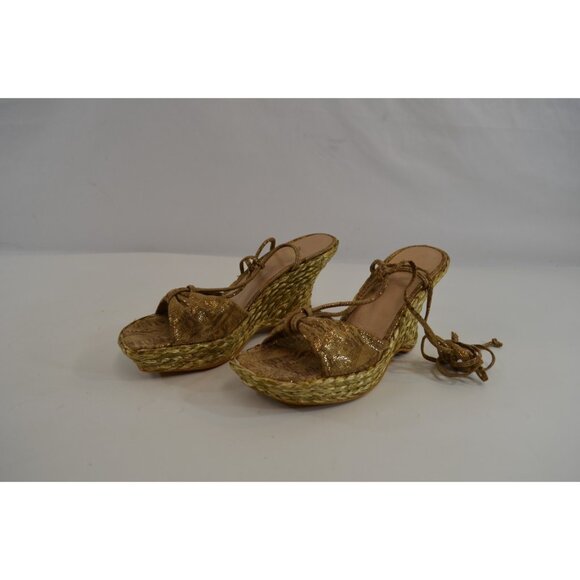 Stuart Weitzman Espadrilles Size 9.5S Strappy Open Toe Wedge Sandals Shiny - Picture 6 of 10